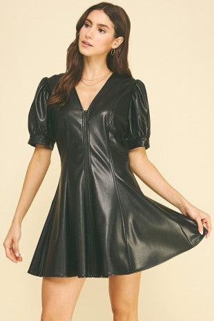 FAUX LEATHER V-NECK DRESS--BLACK