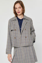 PLAID SHORT TRENCH JACKET--TAN/NAVY MIX