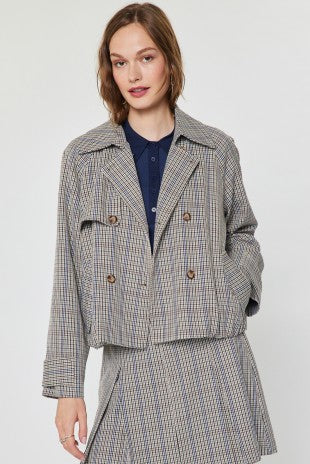 PLAID SHORT TRENCH JACKET--TAN/NAVY MIX