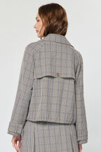 PLAID SHORT TRENCH JACKET--TAN/NAVY MIX
