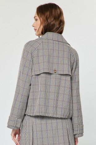 PLAID SHORT TRENCH JACKET--TAN/NAVY MIX