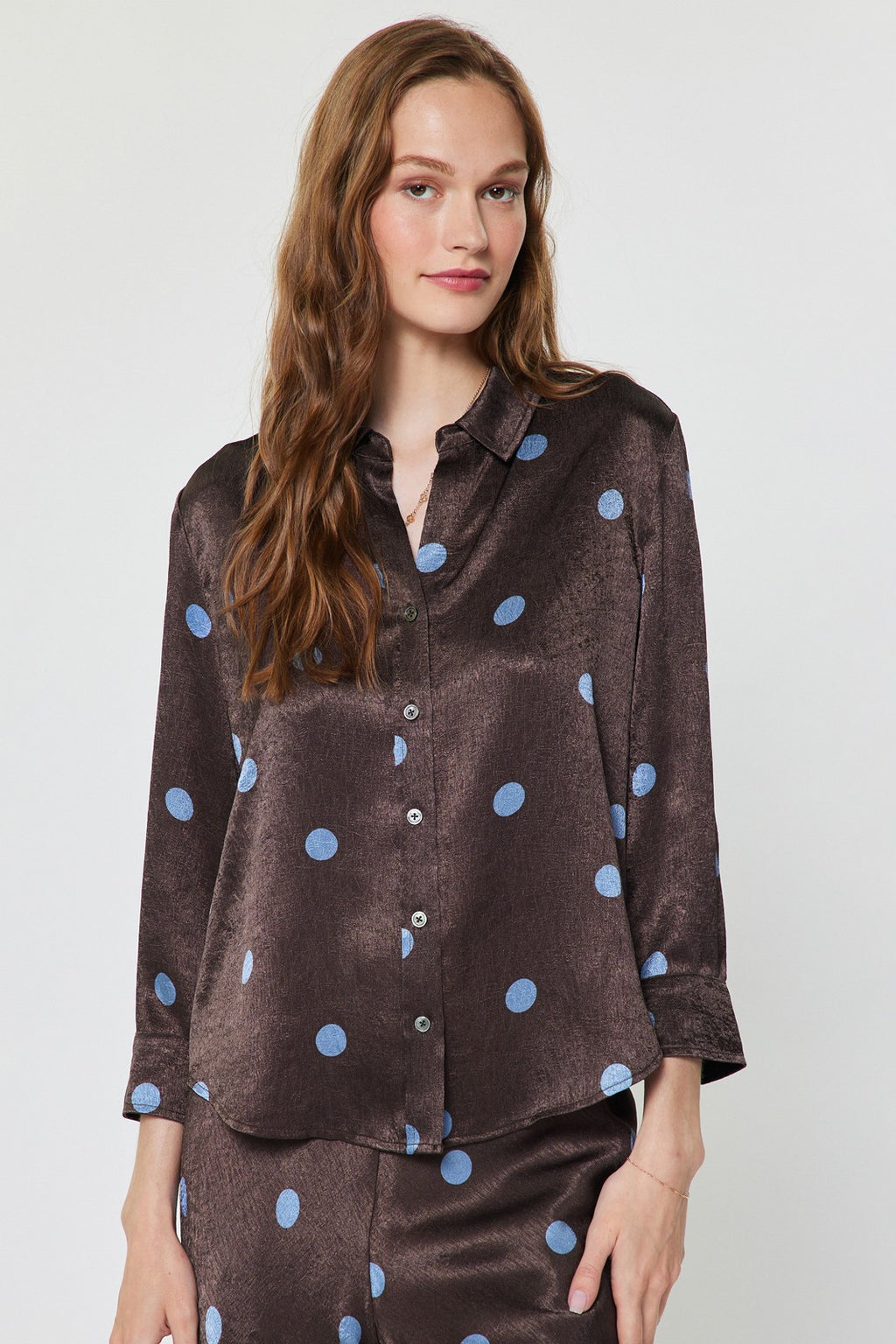 POLKA DOT BUTTON DOWN SHIRT--CHOCOLATE