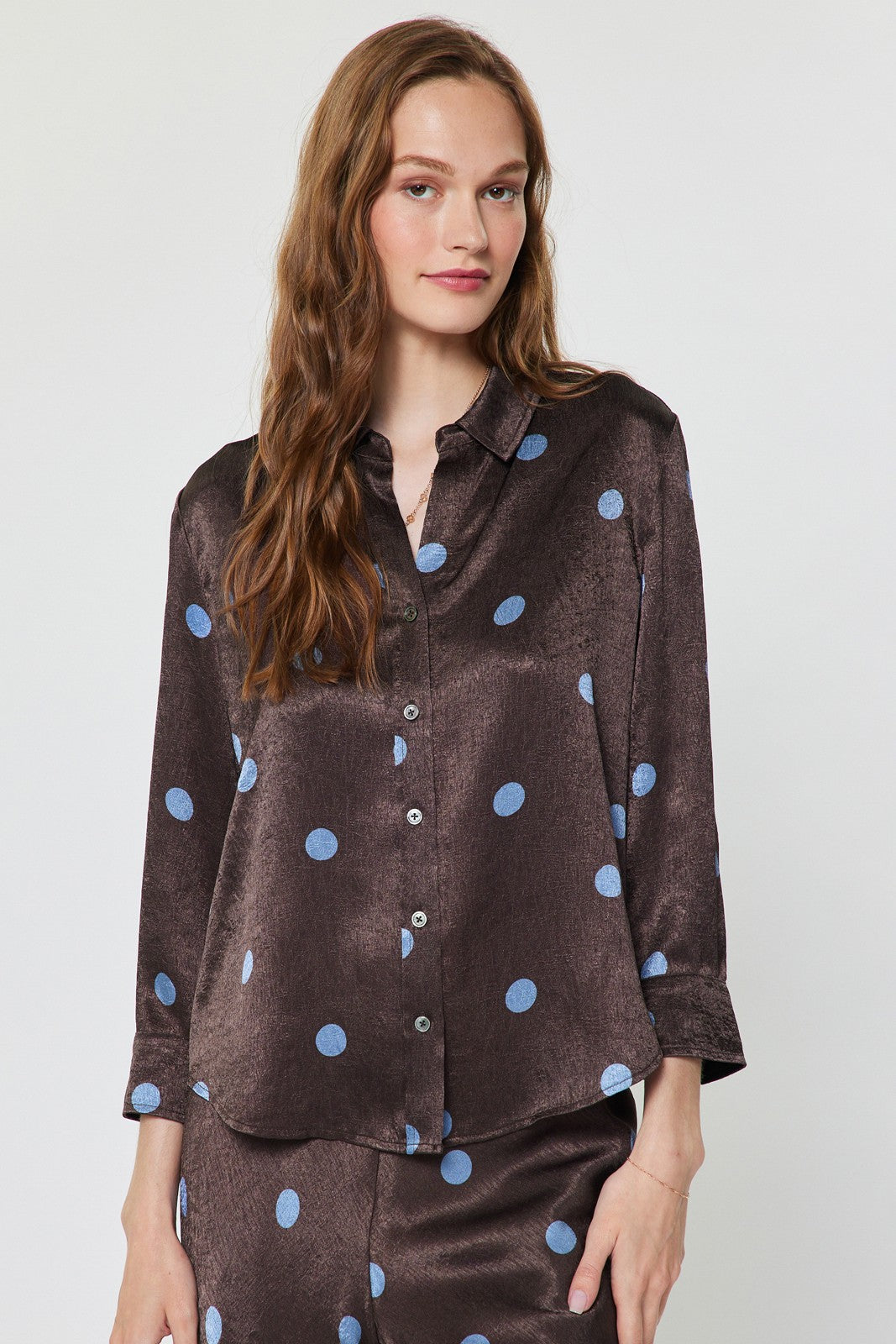 POLKA DOT BUTTON DOWN SHIRT--CHOCOLATE