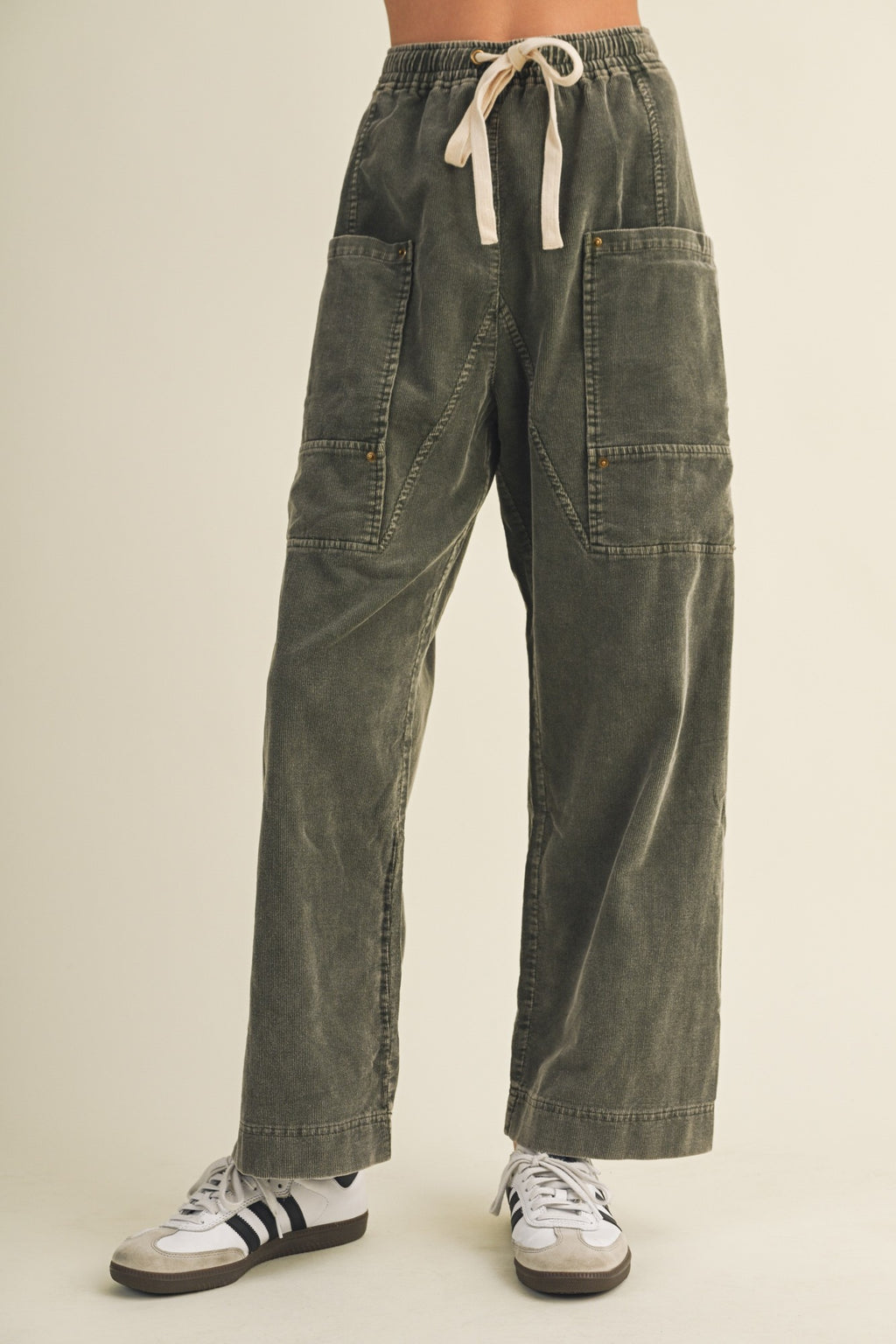 RELAXED CORDUROY PANTS--OLIVE