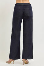 RISEN HIGH RISE WIDE LEG SIDE STRIPED JEANS--DARK