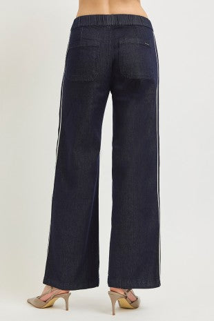 RISEN HIGH RISE WIDE LEG SIDE STRIPED JEANS--DARK