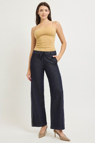 RISEN HIGH RISE WIDE LEG SIDE STRIPED JEANS--DARK