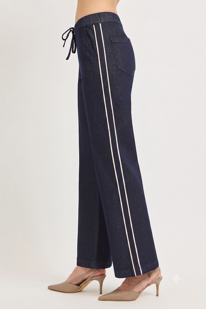 RISEN HIGH RISE WIDE LEG SIDE STRIPED JEANS--DARK