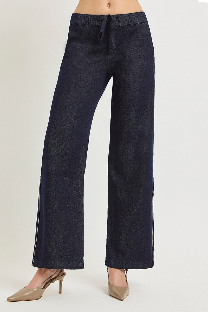 RISEN HIGH RISE WIDE LEG SIDE STRIPED JEANS--DARK
