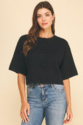 BUTTON DOWN CROP KNIT SWEATER TOP--BLACK