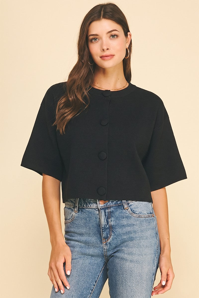 BUTTON DOWN CROP KNIT SWEATER TOP--BLACK