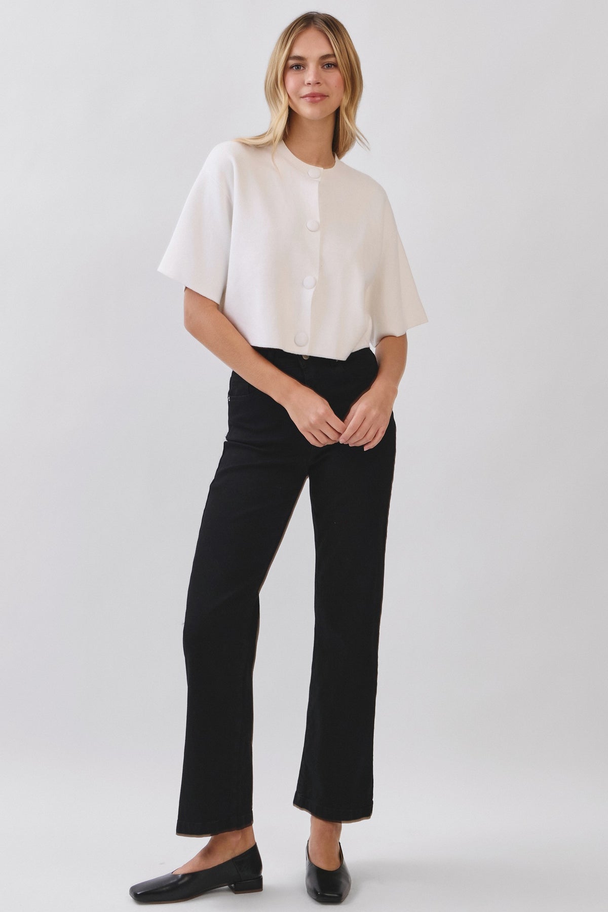 BUTTON DOWN CROP KNIT SWEATER TOP--IVORY