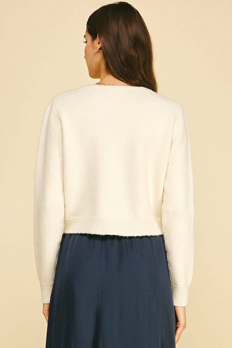 BUTTON DOWN CROPPED LS CARDIGAN--CREAM