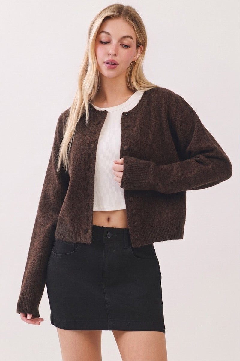 BUTTON DOWN CROPPED LS CARDIGAN--ESPRESSO