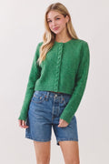 BUTTON DOWN CROPPED LS CARDIGAN--GREEN