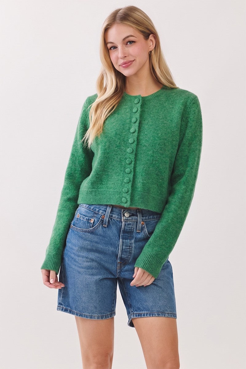 BUTTON DOWN CROPPED LS CARDIGAN--GREEN