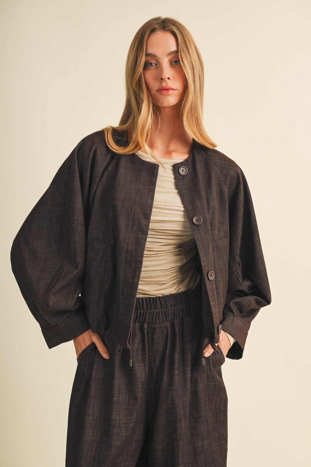 VOLUMINOUS BOMBER JACKET--ESPRESSO