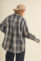 BLUSHED PLAID OVERSIZED JACKET--DENIM