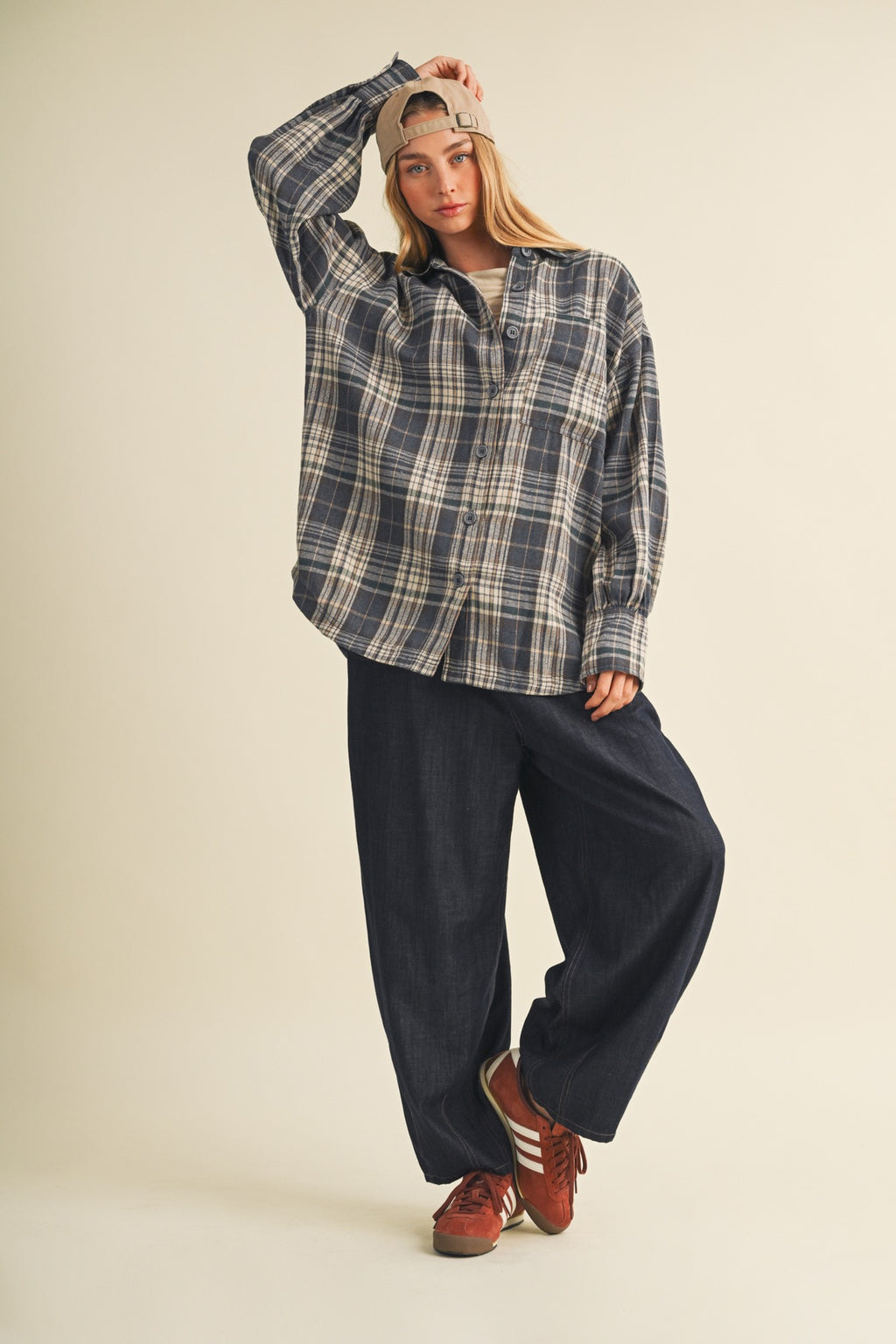 BLUSHED PLAID OVERSIZED JACKET--DENIM