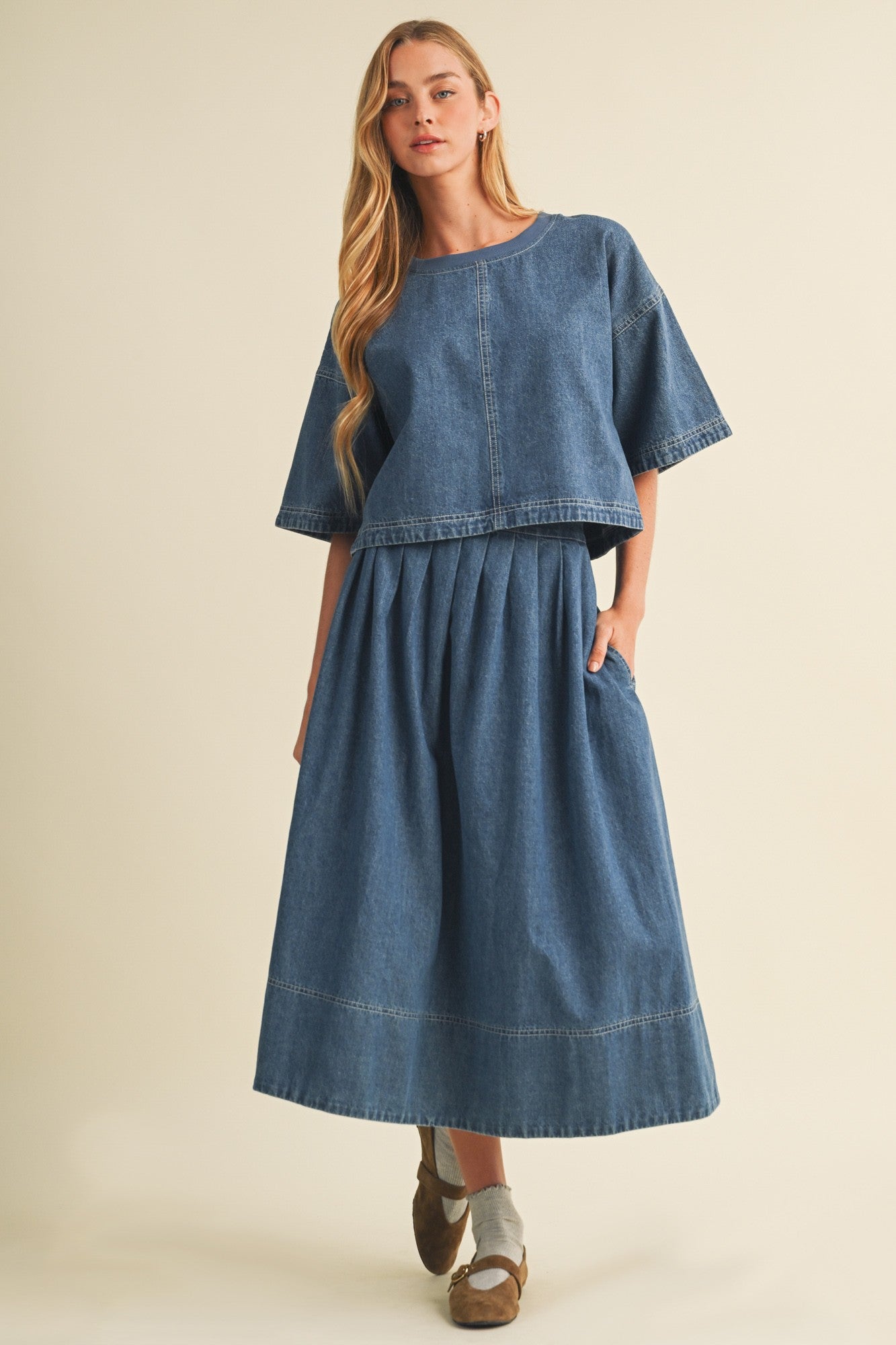 DENIM HIGH WAIST PLEATED SKIRT