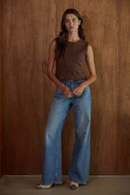 SLEEVELESS KNIT POINTELLE TANK/TOP--BROWN