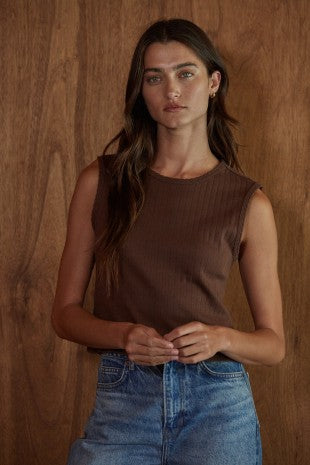 SLEEVELESS KNIT POINTELLE TANK/TOP--BROWN