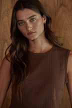 SLEEVELESS KNIT POINTELLE TANK/TOP--BROWN