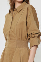 CORDUROY FLARED SMOCKED WAIST DRESS--CAMEL