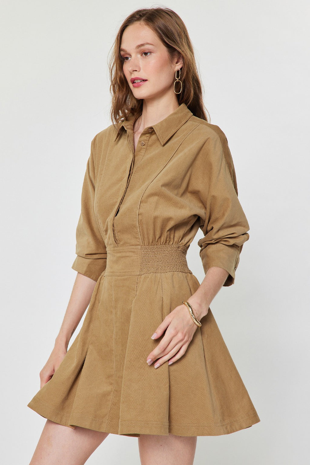 CORDUROY FLARED SMOCKED WAIST DRESS--CAMEL
