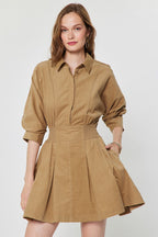 CORDUROY FLARED SMOCKED WAIST DRESS--CAMEL