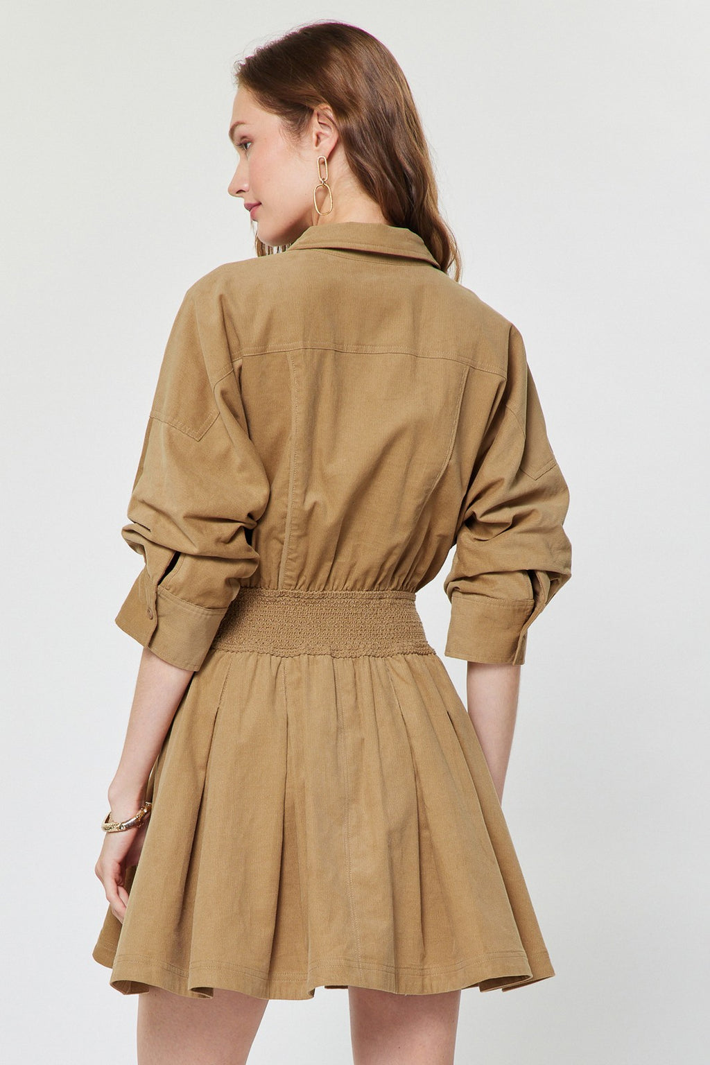 CORDUROY FLARED SMOCKED WAIST DRESS--CAMEL