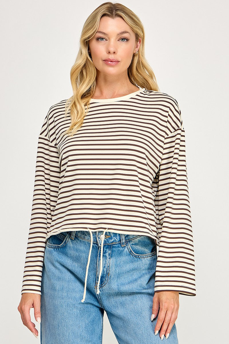 STRIPED DRAWSTRING TOP--CREAM/MOCHA