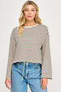STRIPED DRAWSTRING TOP--CREAM/MOCHA