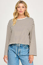 STRIPED DRAWSTRING TOP--CREAM/MOCHA