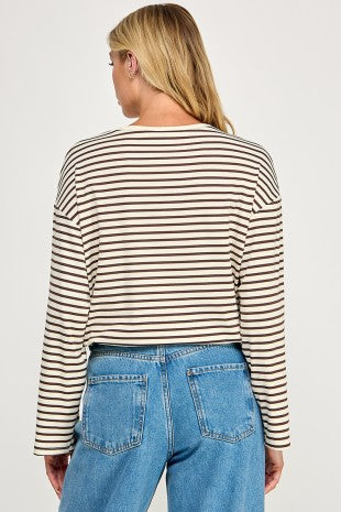 STRIPED DRAWSTRING TOP--CREAM/MOCHA