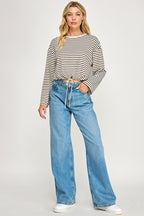 STRIPED DRAWSTRING TOP--CREAM/MOCHA