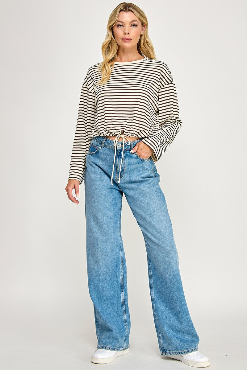 STRIPED DRAWSTRING TOP--CREAM/MOCHA
