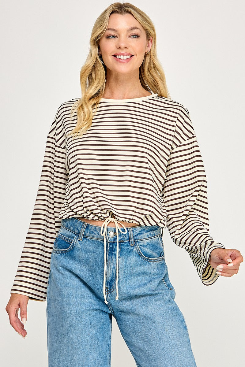 STRIPED DRAWSTRING TOP--CREAM/MOCHA