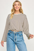 STRIPED DRAWSTRING TOP--CREAM/MOCHA