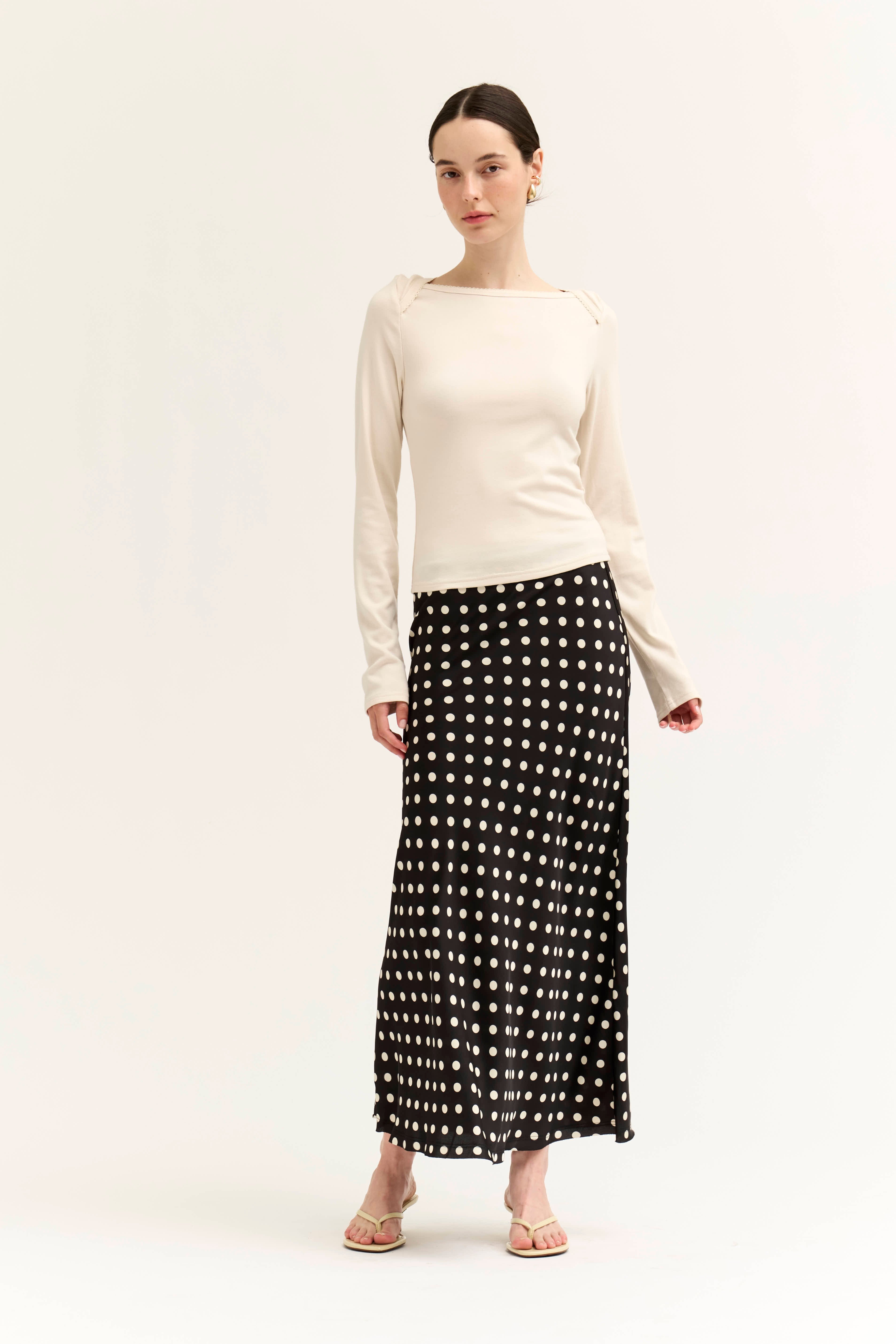 POLKA DOT SLIP SKIRT--BLACK/CREAM