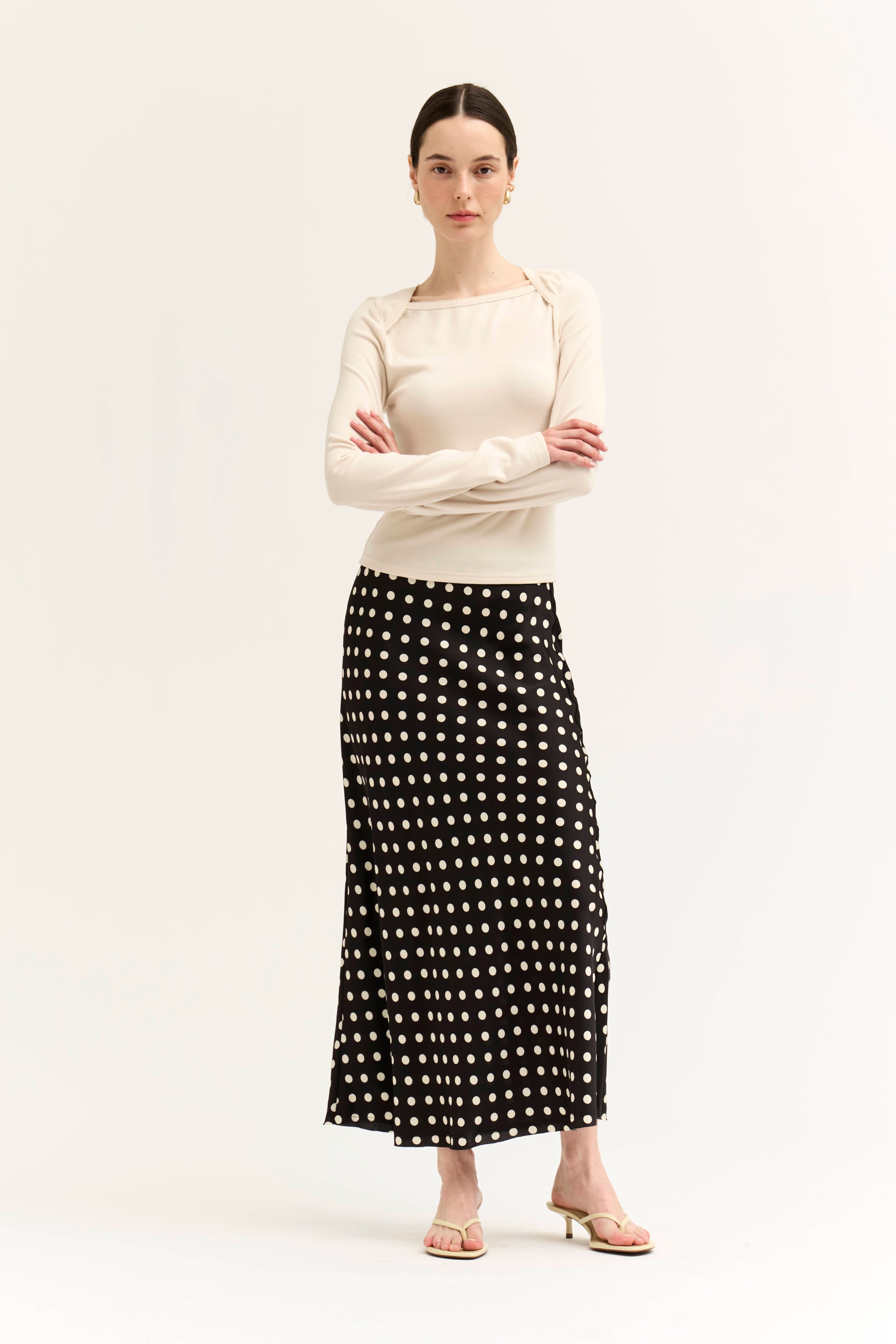 POLKA DOT SLIP SKIRT--BLACK/CREAM