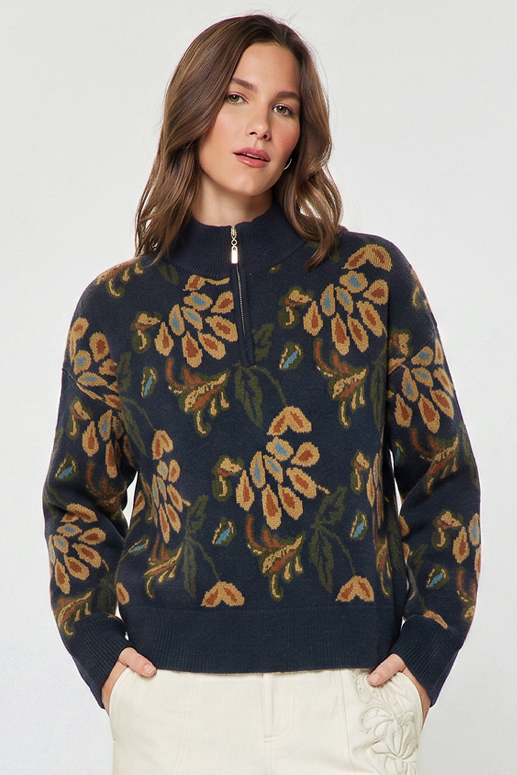 FLORAL HALF ZIP SWEATER--NAVY FALL MIX