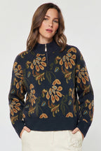 FLORAL HALF ZIP SWEATER--NAVY FALL MIX