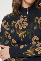 FLORAL HALF ZIP SWEATER--NAVY FALL MIX