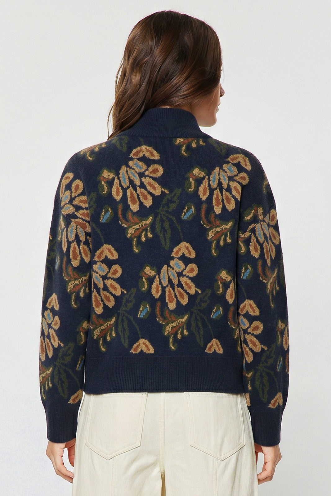 FLORAL HALF ZIP SWEATER--NAVY FALL MIX