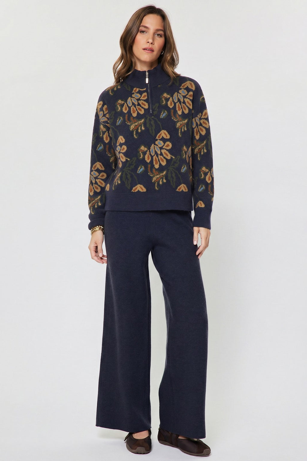 FLORAL HALF ZIP SWEATER--NAVY FALL MIX