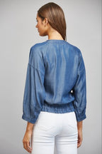 ADJUSTABLE HEM 3/4 SLEEVE TENCEL JACKET--DENIM