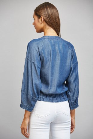 ADJUSTABLE HEM 3/4 SLEEVE TENCEL JACKET--DENIM