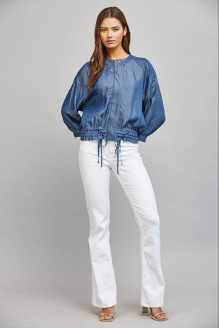 ADJUSTABLE HEM 3/4 SLEEVE TENCEL JACKET--DENIM