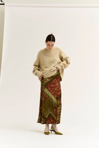 FLORAL SATIN SLIP SKIRT--BURGUNDY/OLIVE MIX